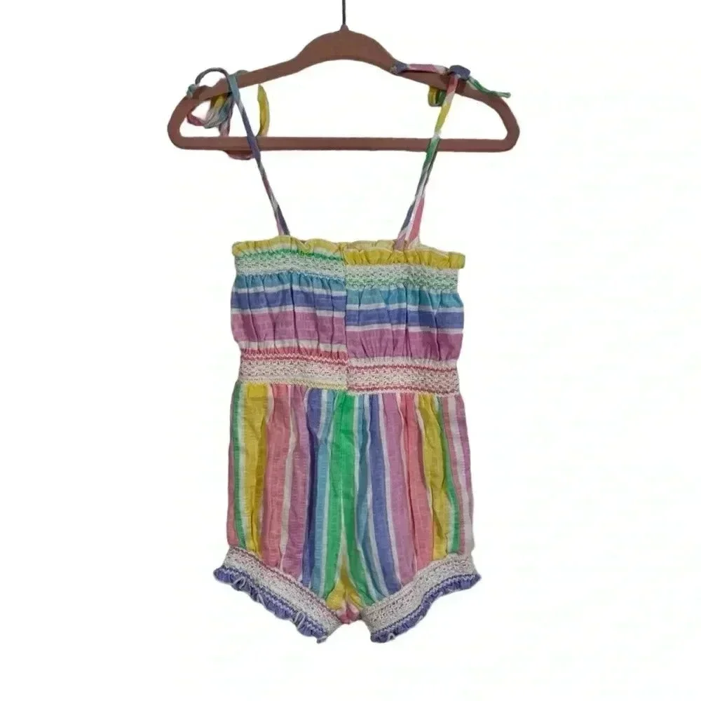 True Vintage Janie Press Rainbow Striped Romper Sunsuit Tie Shoulders